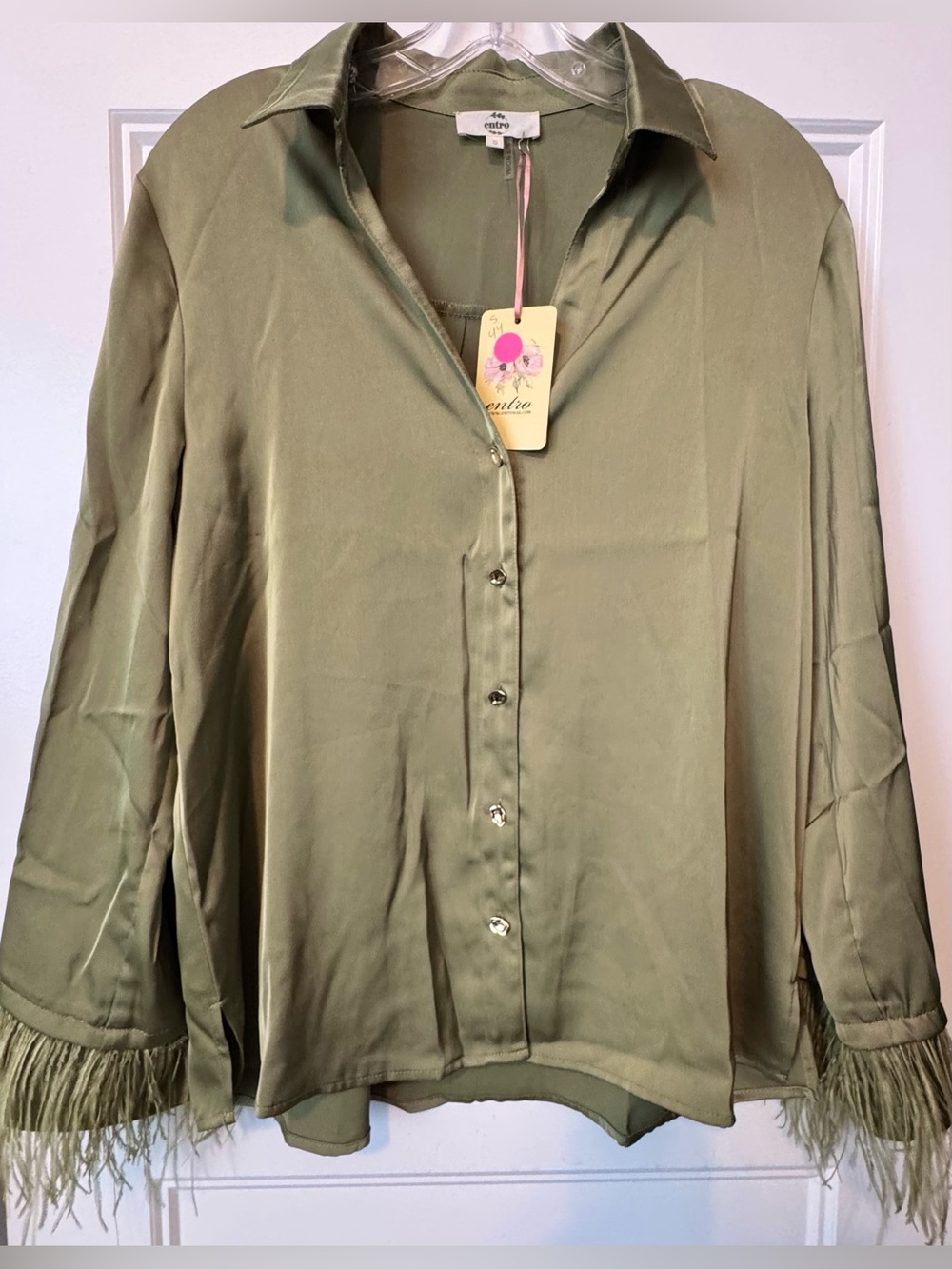 Entro Olive Green Feather Cuff Button Up Blouse Top NWT Small